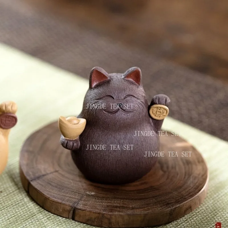 Purple Clay Lucky Cat Tea Pet Figurine Cute Fortune Cat Statue Desktop Ornament for Tea Table Tea Room Home Decor Craft Gift
