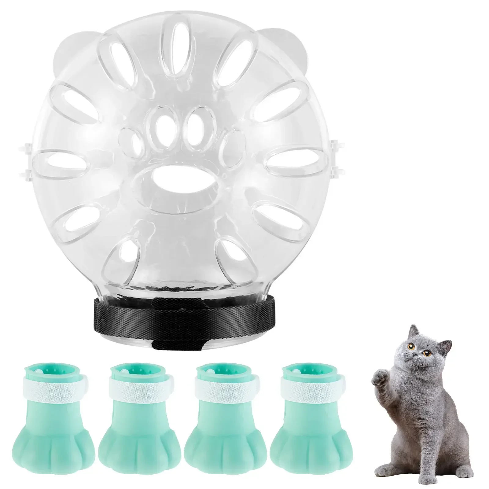 

3 комплекта: намордник для кошек + 4 защитных чехла для лап, дышащий защитный капюшон от укусов для груминга собак и кошек