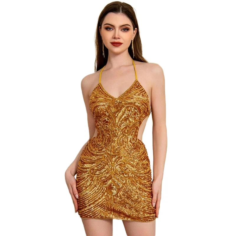 New Adult Women's Stage Performance Attire Latin Dance Sequin Skirt Multi-color Backless V-neck Sexy Suspender Dress For Women