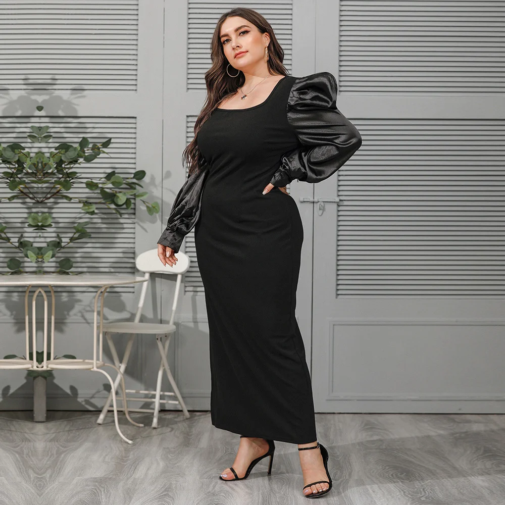 New Plus Size Women Dresses Fashion Square Neck Bubble Sleeve Loose Elegant Dress Casual Elegant Splicing Solid Color Dress 2023