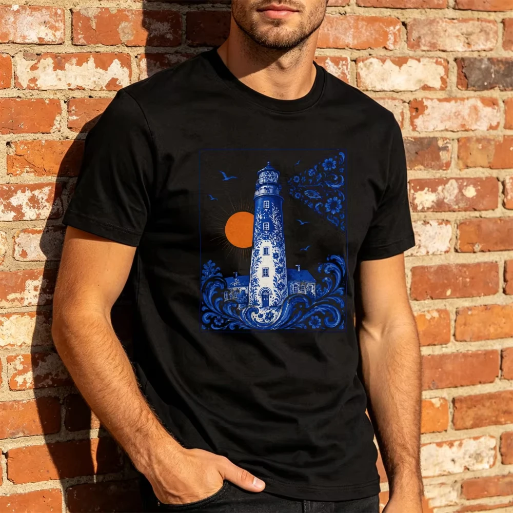Delft Blue Lighthouse Ocean Wave Floral Graphic T Shirt Short Sleeve Top Coastal Beach Lover Nautical Gift Short Sleeve Top