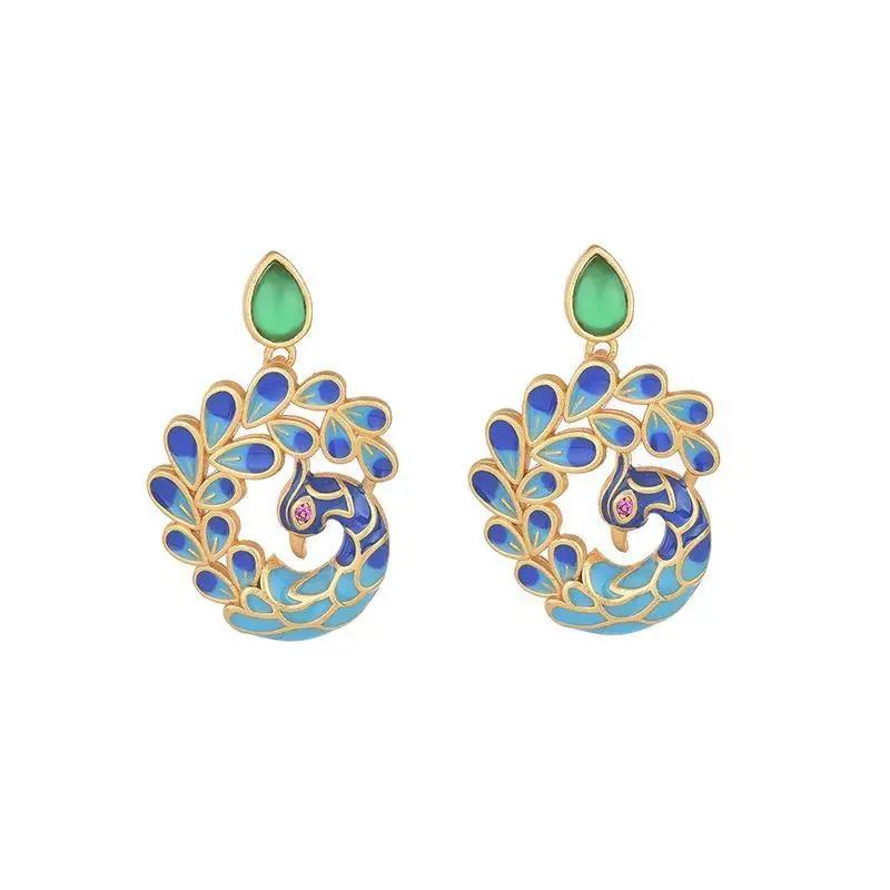 Original Chinese style retro Hanfu cheongsam accessories enamel porcelain peacock earrings for women natural chrysoprase jewelry