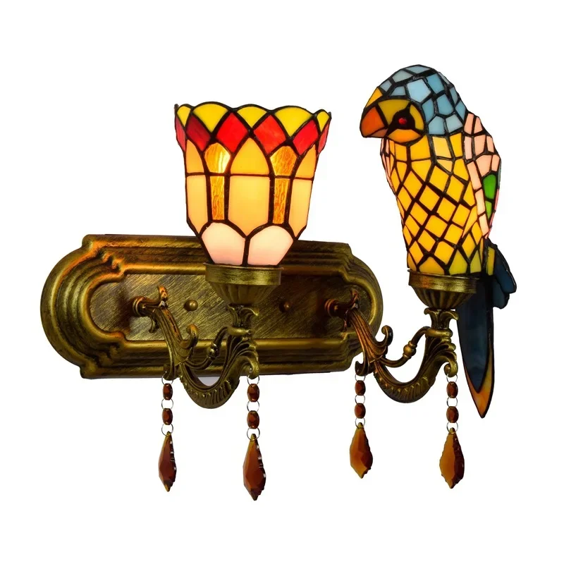 

Tiffany Yellow Parrot Bedroom Bedside Wall Lamp Stained Glass Pastoral Hotel Double Head Crystal Wall Lamp