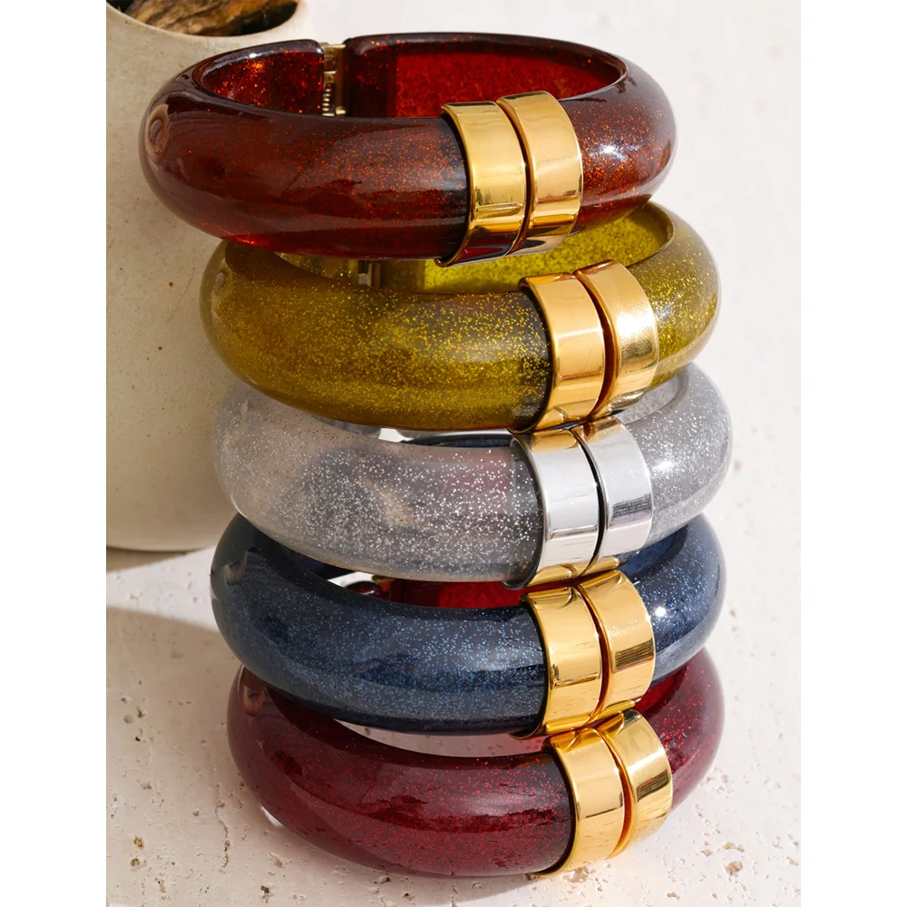Yhpup 68mm Popular Bling Acrylic Thick Bracelet Bangle Stainless Steel Winter Trendy Color Jewelry Purple Amber Gray Blue Yellow