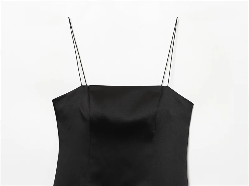 Vestido feminino 2025 outono novo estilo preto cinta de espaguete cetim-renda retalhos mini vestido sexy e elegante