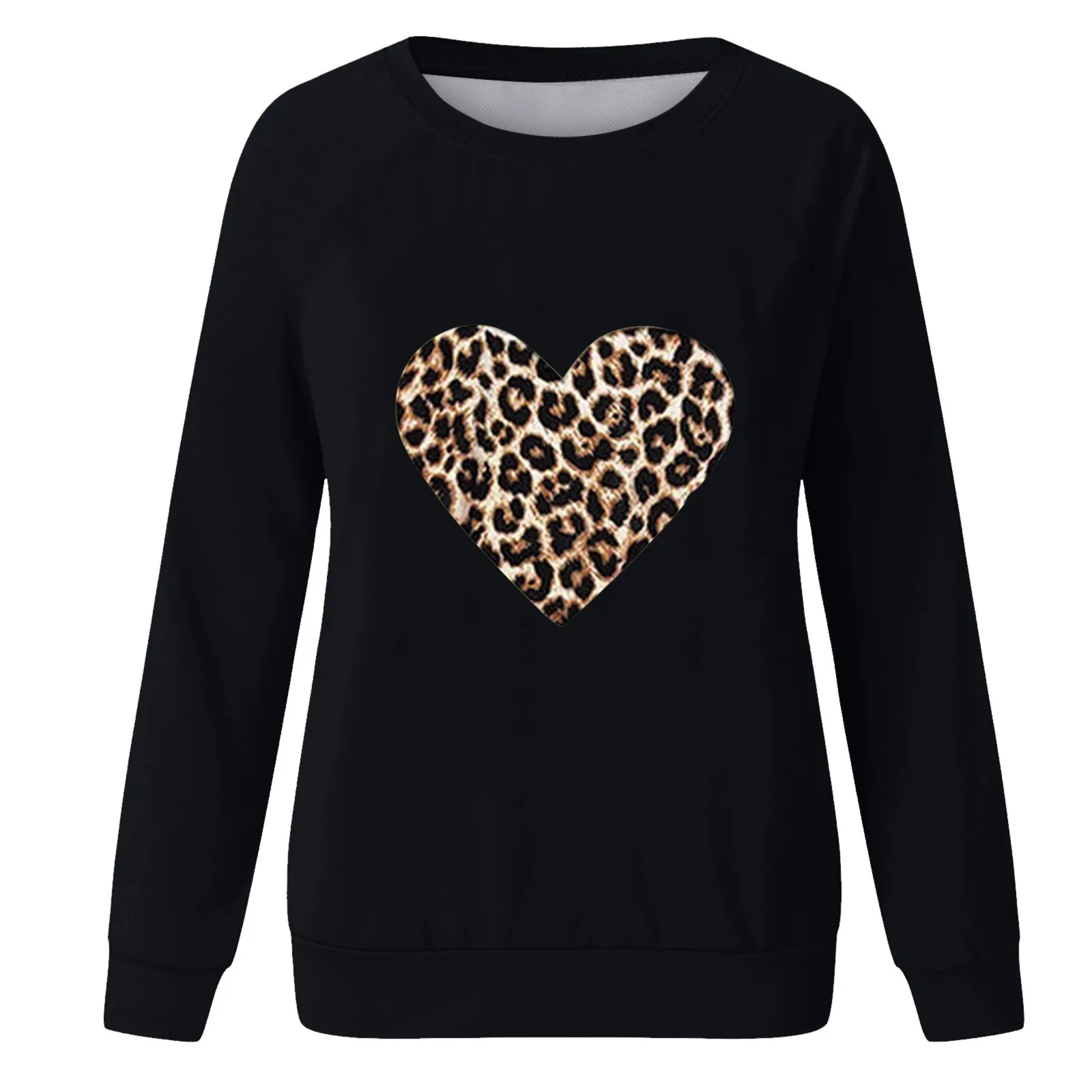 Leopard Love Heart Print Women Sweatshirt Fashion Black Sweatshirt Long Sleeve Graphic Pullover Tops Female Casual Sweatshirt