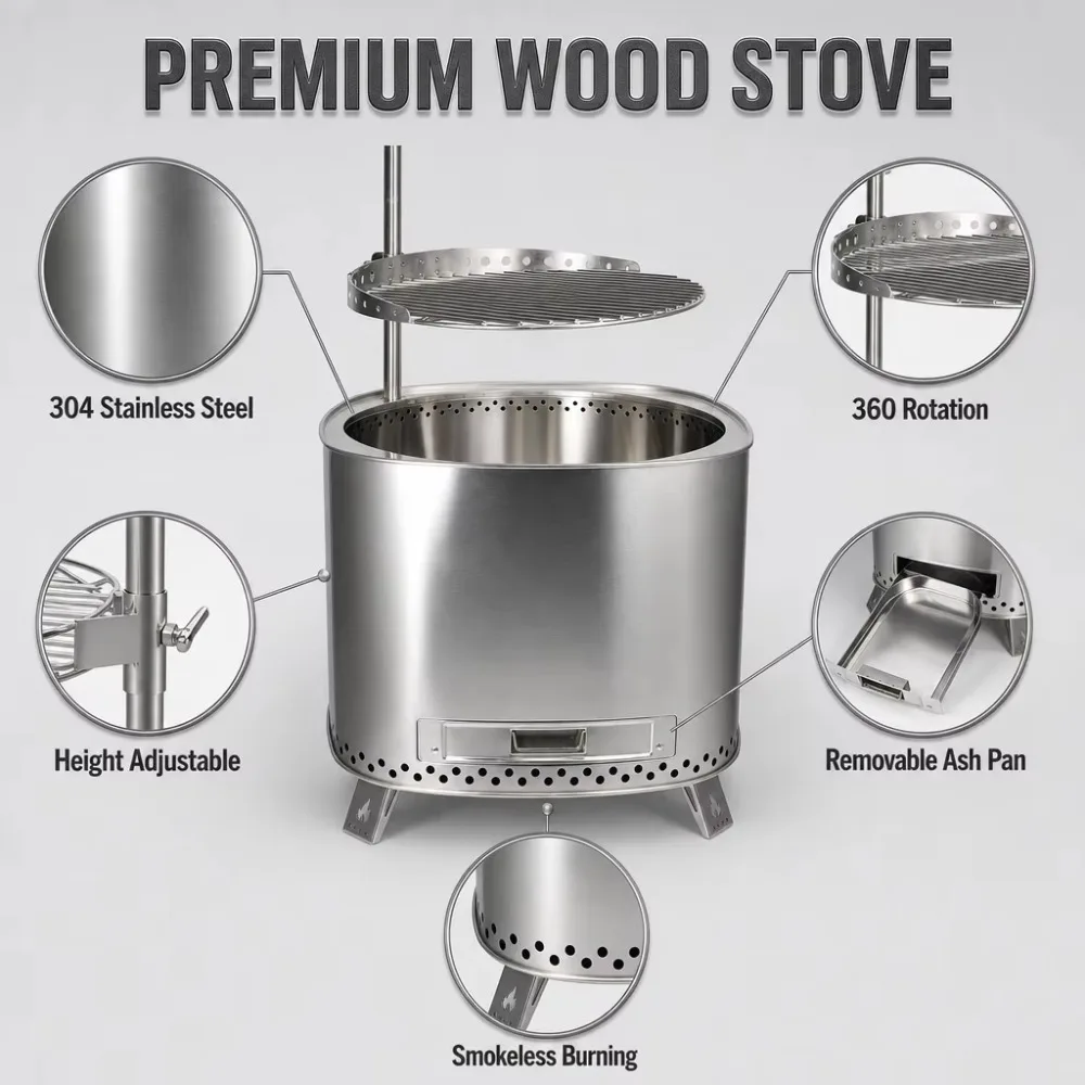 Outdoor Smokeless Fire Pit Portable Wood Burning Stainless Steel Freestanding Fireplace Grill Rack Patio Garden Backyard Camping