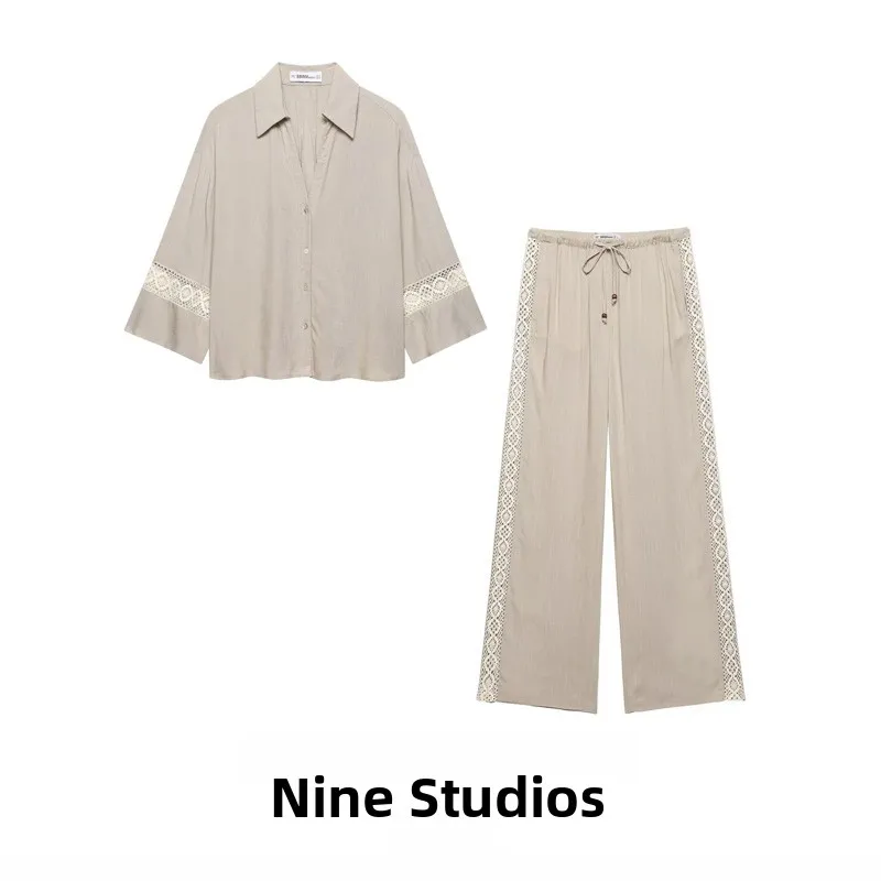 

NINE ZA Women's Embroidered Patchwork Sve irt with Wide Leg Pants Long Sve Button up Faion Set Autumn 2025