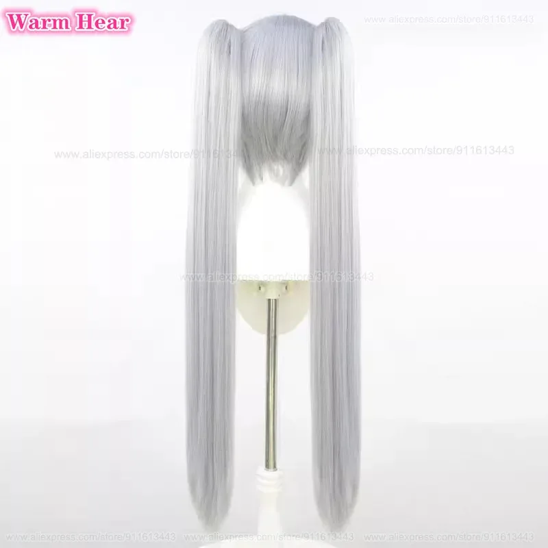 لعبة سندريلا الشعر الاصطناعية 90 سنتيمتر طويل فضي رمادي مزدوج ذيل حصان تأثيري أنيمي شعر مستعار مقاومة للحرارة الشعر هالوين شعر مستعار للحفلات