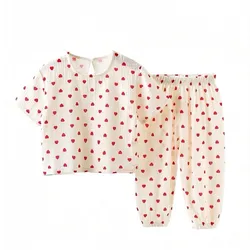 Boys girls Summer Set Baby Short Sleeve Outfit Clothes Soft Muslin Cotton Shirt Linen Suit Tops +Pants 2 PC 2-7 Years