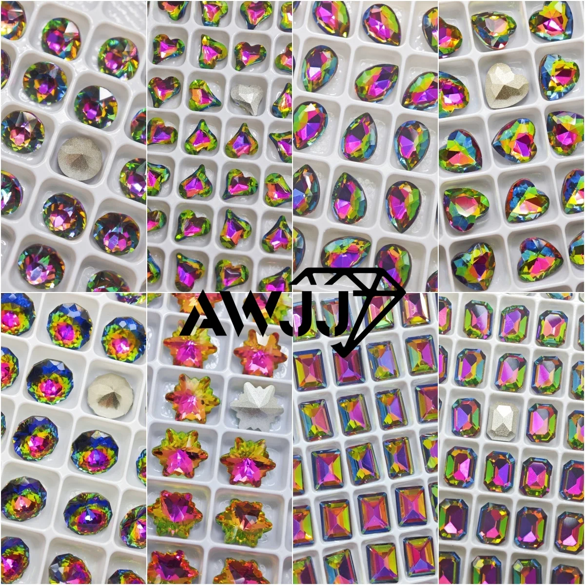 최고 품질 레인보우 드롭 하트 나비 혼합 모양의 뾰족한 바닥 장식 보석 그라데이션 다채로운 네일 쥬얼리 액세서리