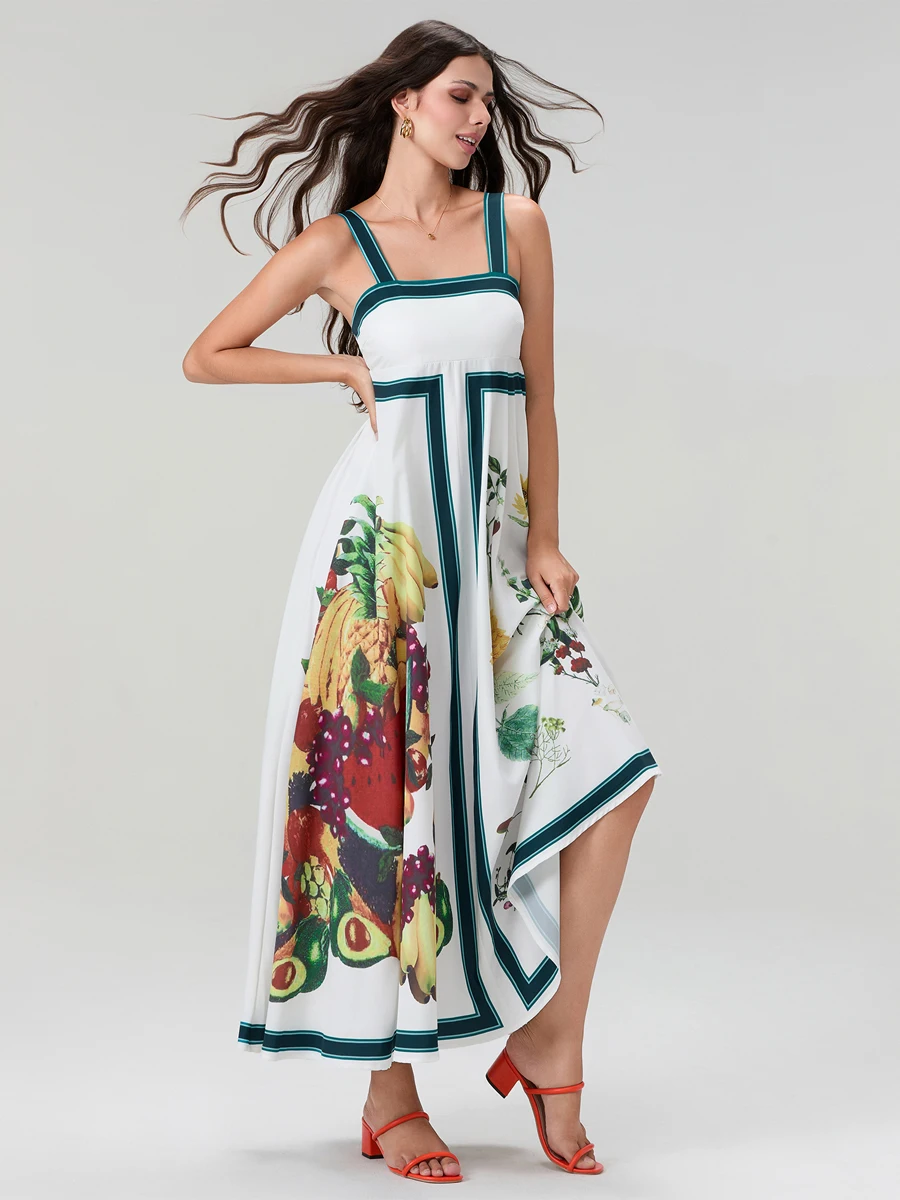 女性用トロピカルプリントマキシドレス、スパゲッティストラップとバックレスデザイン、夏のビーチでの休暇に最適