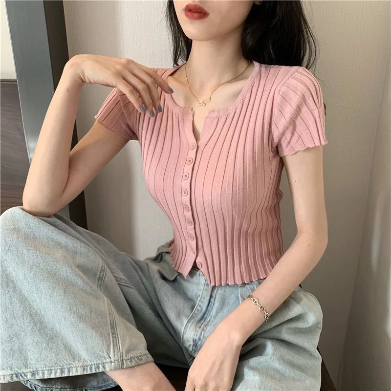 Summer 2024 New Korean Style Cropped Slim-fit Ins Top Versatile Basics Simple Short-sleeved Knitted Chic Cardigan