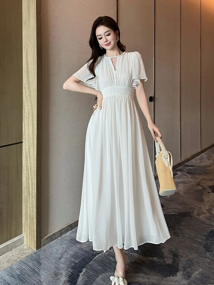 

A-Leibniz Women's Dress White Chiffon Dress Wedding Formal Party Dress Graduation Birthday Celebration Evening Dress 70787
