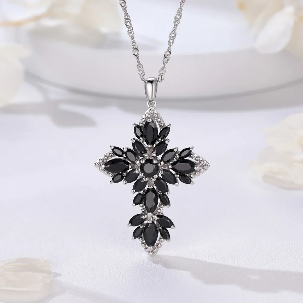 GZ ZONGFA Natural Black Spinel 925 Sterling Silver Women Jewelry Pendant Cross Necklace High Quality Fine Jewelry Gifts 2024