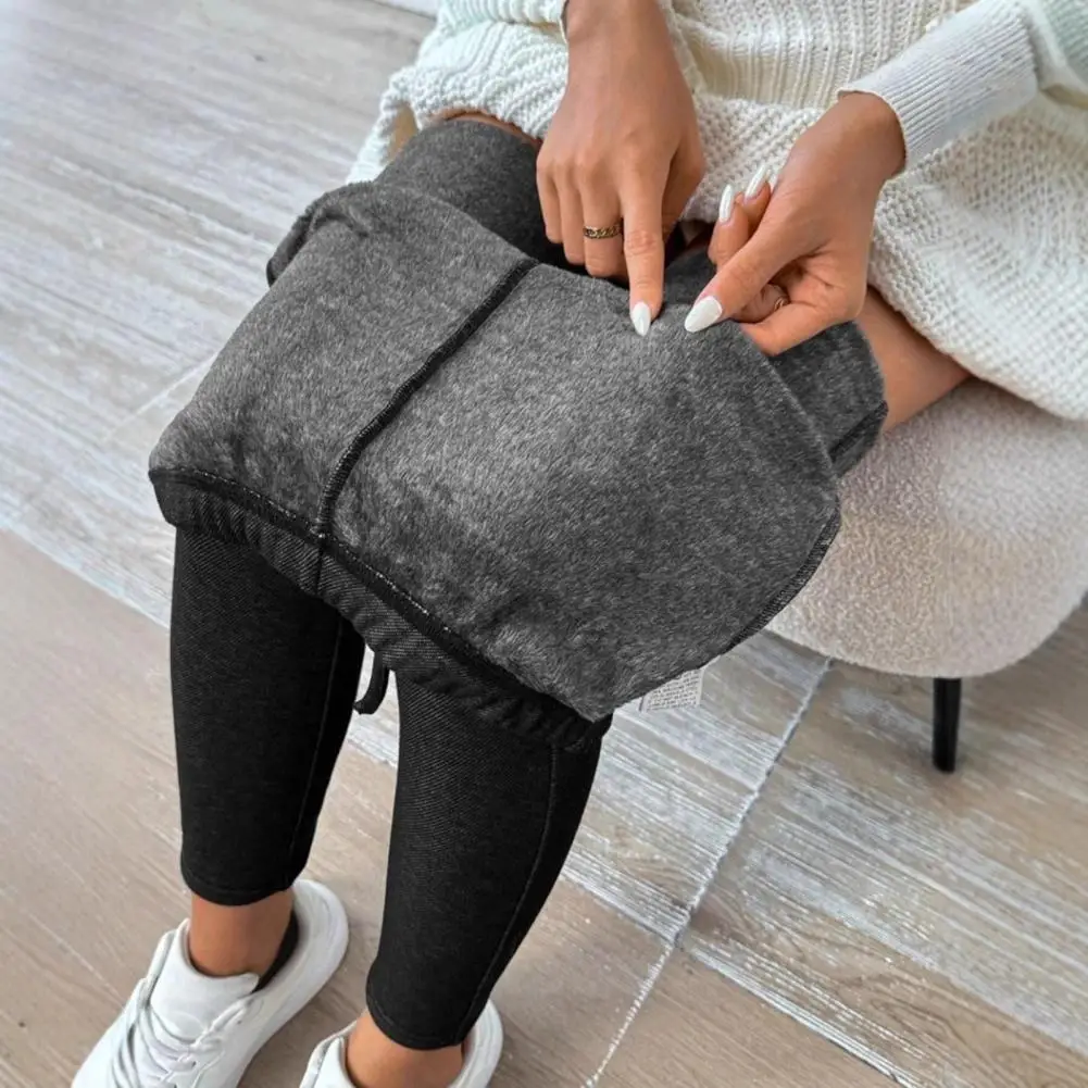 

Women Pencil Pants Winter Leggings Imitation Jeans High Waist Thickened Velvet Lined Warm Leggings Tight Fit Pants with Pockets