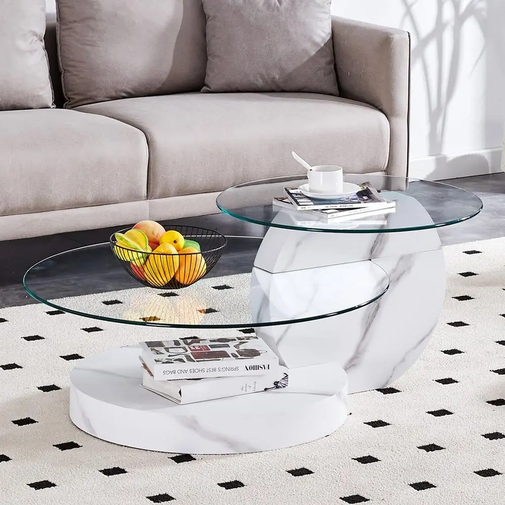 

36 Round Tempered Glass Coffee Table with 3-Tier, White Marble Base, Ample Storage, Ideal for Living Room, Easy Assembly