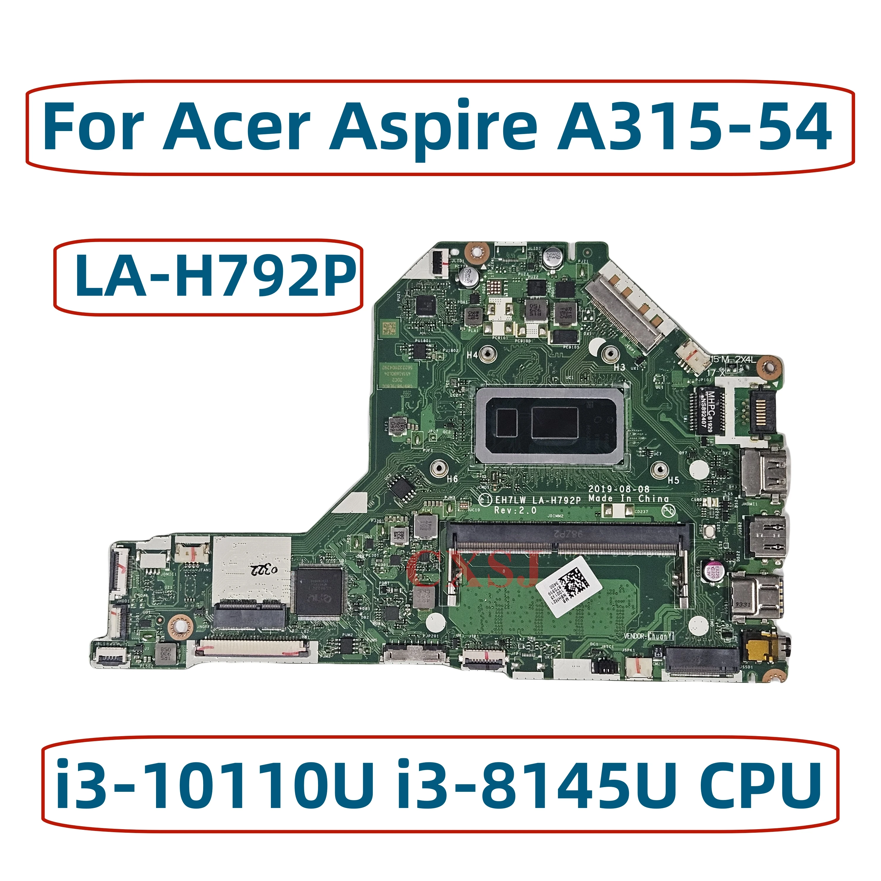 EH7LW LA-H792P For Acer Aspire A315-54 Laptop Motherboard With i3-10110U i3-8145U CPU 4GB-RAM NBHM211002 NBHM211001 100% OK