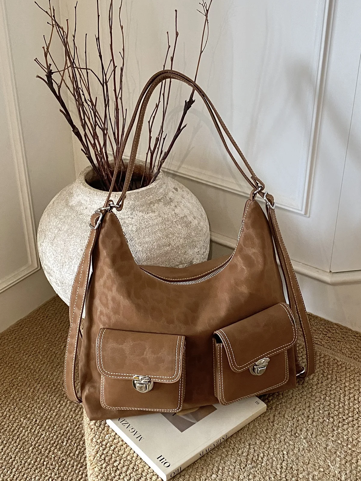 

Женская большая сумка-тоут в стиле ретро, новинка 2025 года, многоцелевая сумка-тоут с двойным волнистым верхом, сумка-тоут на одно плечо