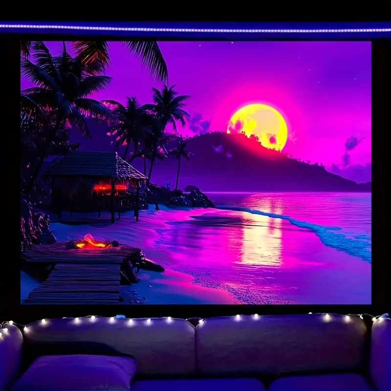 Picture 3: Vibrant Beach Nightscape Neon Tapestry,UV tapestry wall hanging bedroom home party decoration