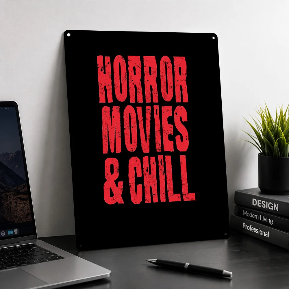 Horror Movies And Chill Personalized 3D Textured Metal Poster Wall Art Tinplate Sign for Decoration Room Decorating Interior