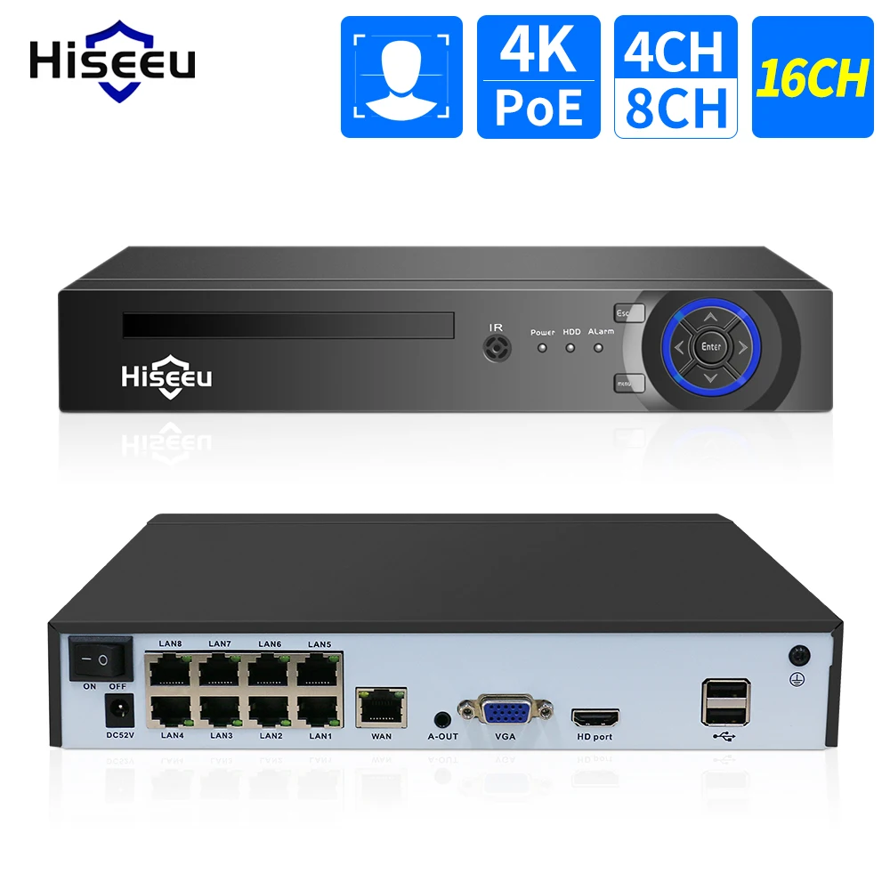 Hiseeu 4K 8CH 16CH POE NVR Voor IP Beveiliging Bewakingscamera Cctv-systeem H.265 + 5MP 8MP Audio video Recorder Gezichtsdetectie