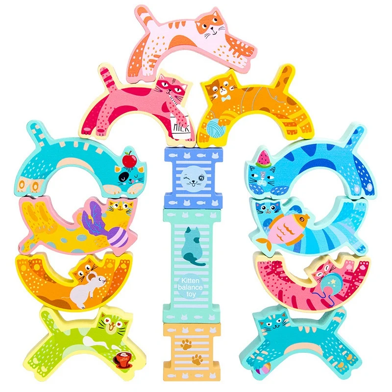 2023 Hot-Wooden Kitten Equilibrio Building Blocks FAI DA TE Impilabile Giocattolo Blocchi di Legno Giocattoli Per Bambini Colorato Impilabile Blocchi di Legno Blocco giocattoli