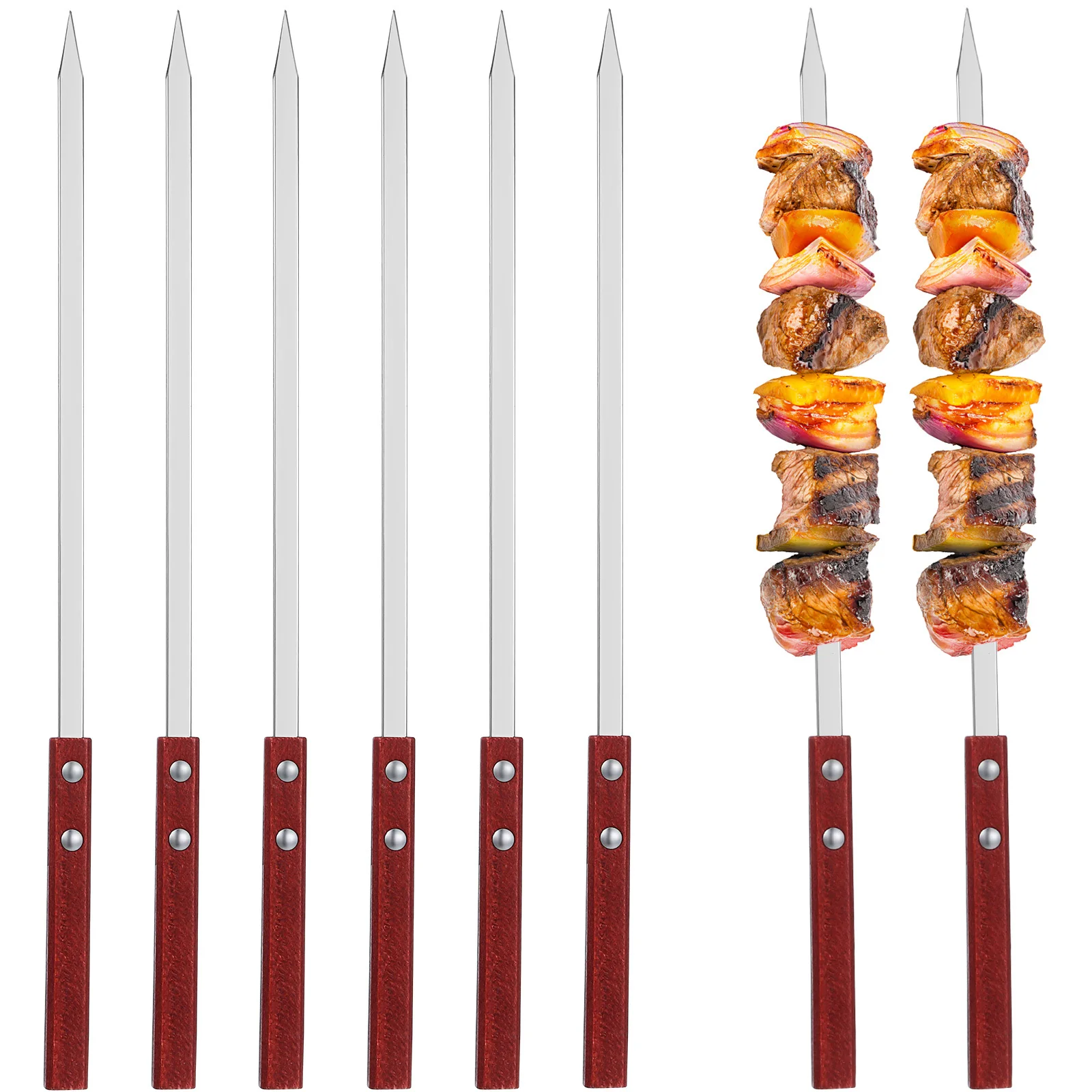 

6Pcs Bbq Skewers Stainless Steel Flat Design Metal Grilling Sticks Safe Wooden Handle Barbecue Skewers Barbecue Roasting Sticks