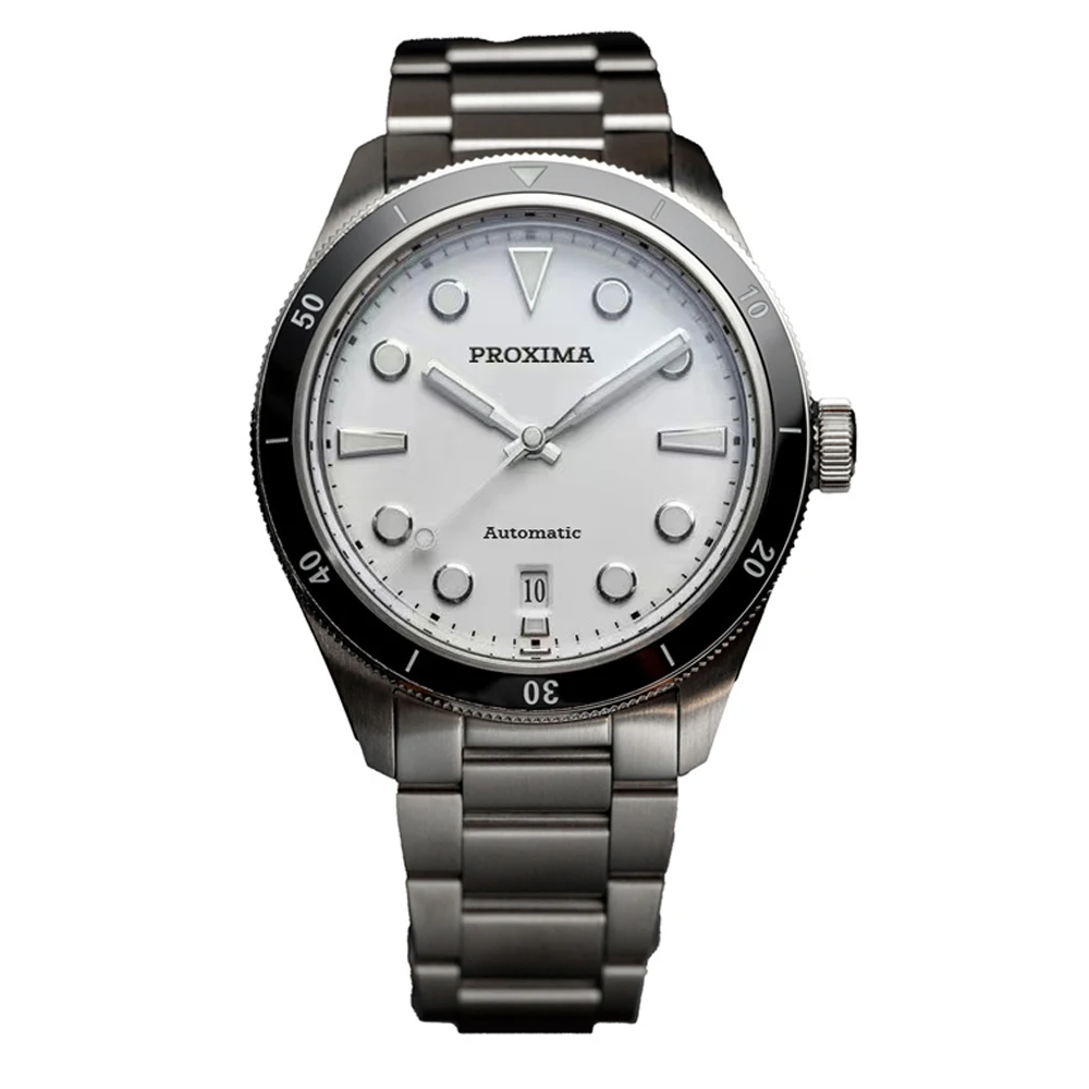 Proxima PX1697 39 mm Herrenuhr, weißes Emaille-Zifferblatt, Bubble Sapphire PT5000 SW200, automatische mechanische Vintage-Uhren, 20 Bar, leuchtend