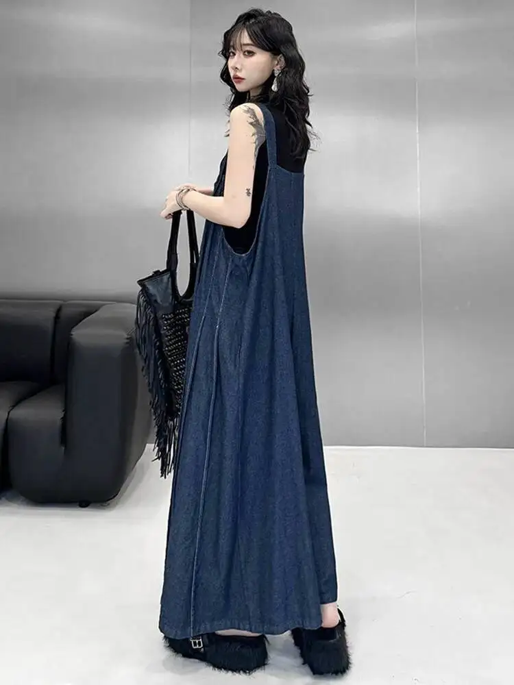 High Waist Blue Denim Pleated Big Size Long Overalls Pants New Trousers Women Fashion Tide Spring Autumn