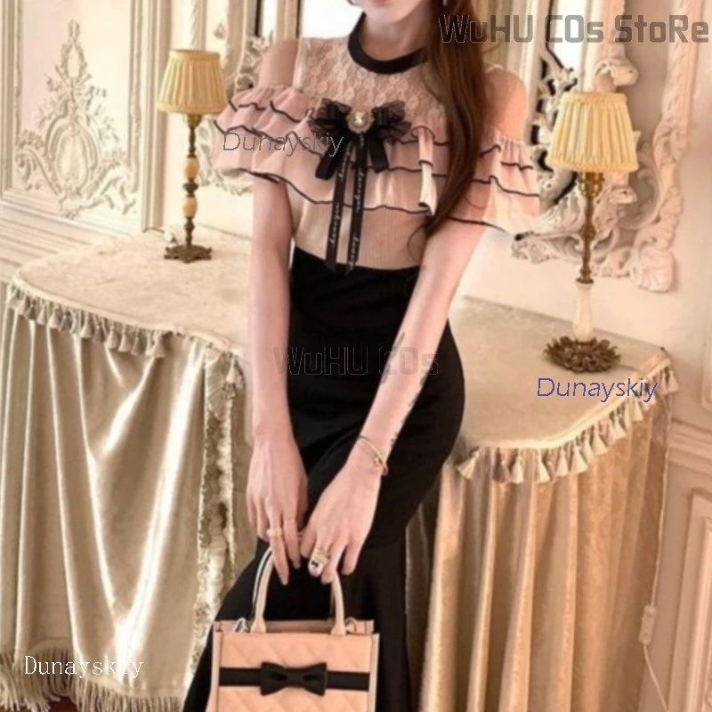 

Spring Summer Women's Jirai Kei Off-Shoulder Mermaid Long Dress – Pink Top + Black Skirt, Gentle Japanese Dating Costume Set