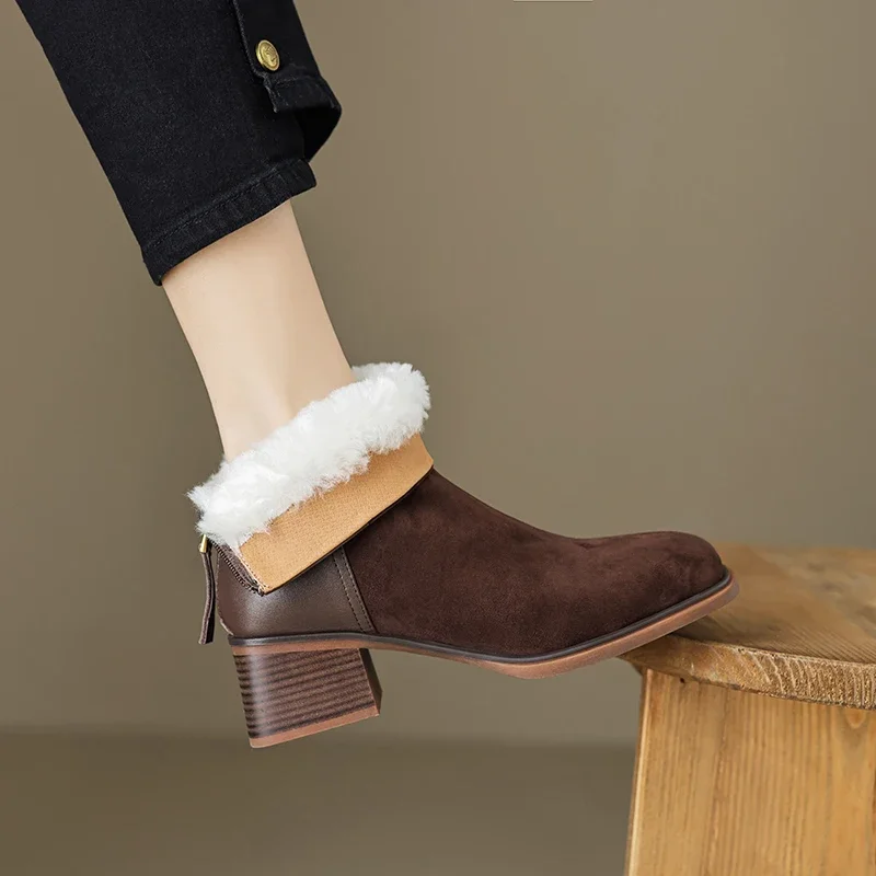 2026 موضة طفل الجلد المدبوغ النساء الكاحل الثلوج أحذية الشتاء عالية الكعب أحذية دافئة جولة تو دراجة نارية عادية أحذية بوت قصيرة 34-40 #1