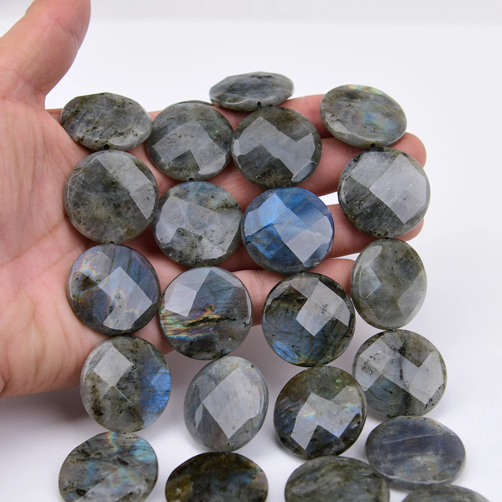 APDGG Large Size 30mm Natural Labradorite Stone Faceted Big Coin Slice Loose Pendant Beads 15.4'' Jewelry Making DIY