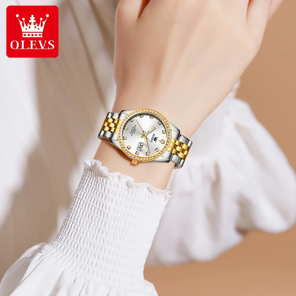 OLEVS ساعات نسائية 3629L العلامة التجارية الفاخرة موضة أصلية ساعة كوارتز لسيدة تألق الماس الهاتفي مقاوم للماء مضيئة