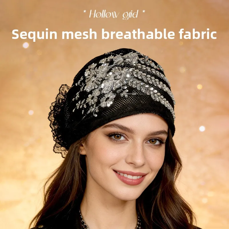 Fashionable Phoenix Tail Patchwork Headscarf Turban Hat for Women Mother Hat with Sequins Lace Covering White Hair