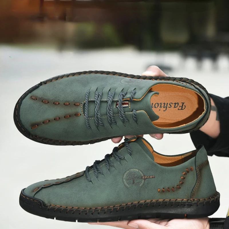 

2024 New Handmade Leather Shoes Comfortable Men Casual Shoes Fashion Men Driving Shoes Lace up Men Flats Повседневные кроссовки