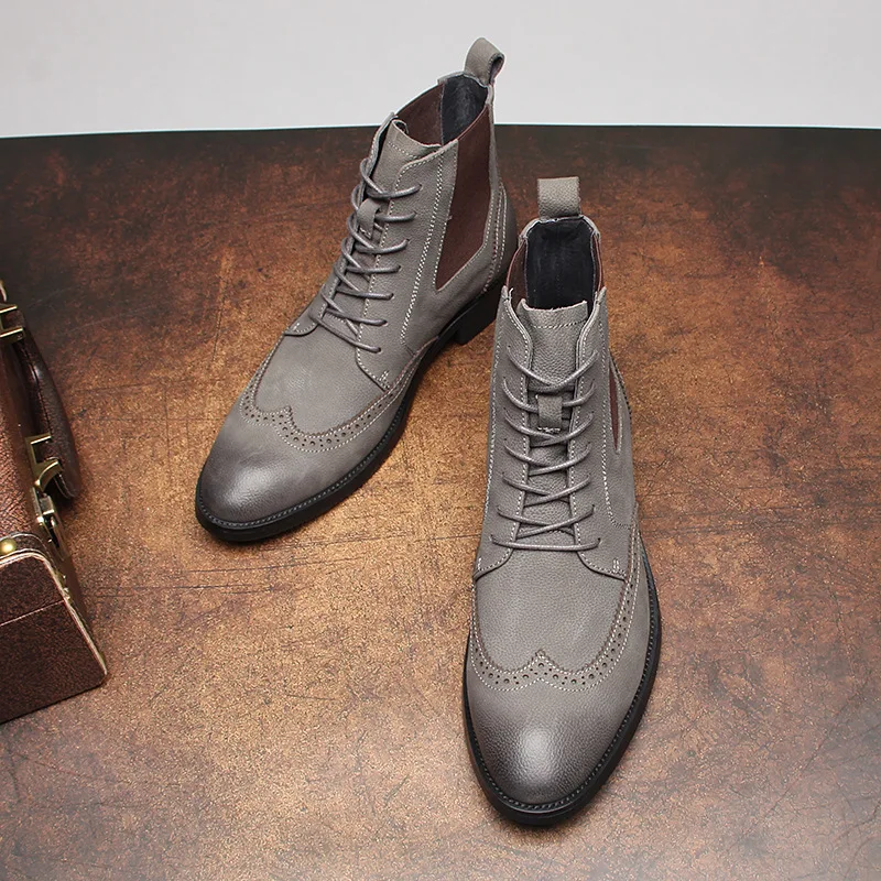 New Winter Men's Mid Top Leather Boots Full Grain Cowhide Lychee Pattern Trendy Gray Casual Work Boots for Men