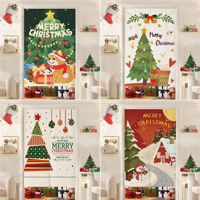 VIKAMA Christmas Door Curtain Xmas Tree Bell Star Heart Gift Print Noren For Entryway Kitchen Bedroom Living Room Home Decor