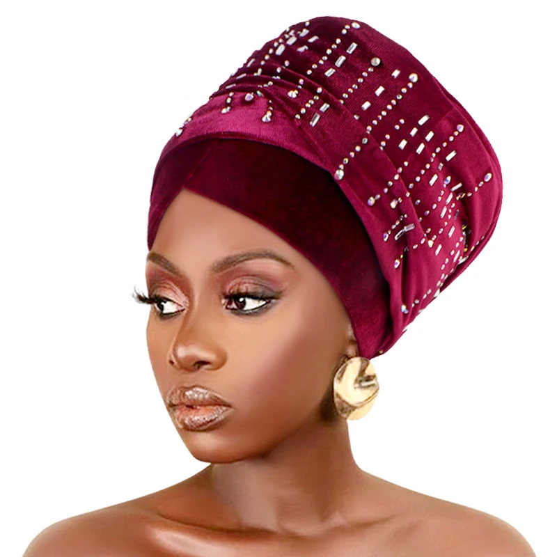 New African Women Hijab Muslim Velvet Diamond Turban Cap  Muslim Headscarf Bonnet Islamic Head Scarves Long Tail Scarf Hat