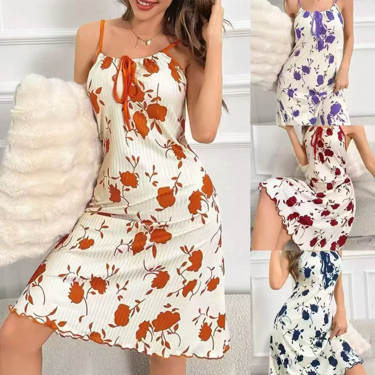 Cross-border Hot Women Printed Cami Nightdress, Casual Home Loungewear Dress, Front Tie Sleeveless Ladies Slip Dress