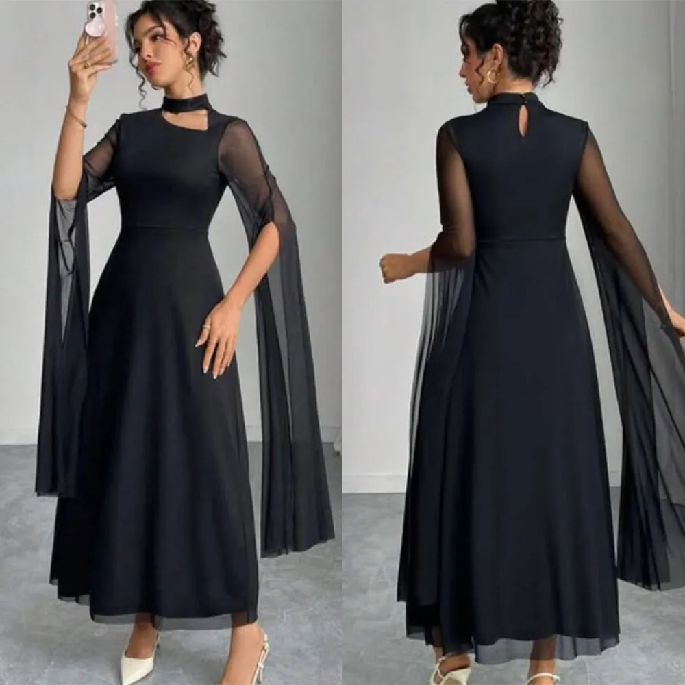 

High Quality Customized Ankle Length Black Halter A-line Full Sleeves Vestidos Para Bodas Mujer Invitada Kleider Damen Elegant