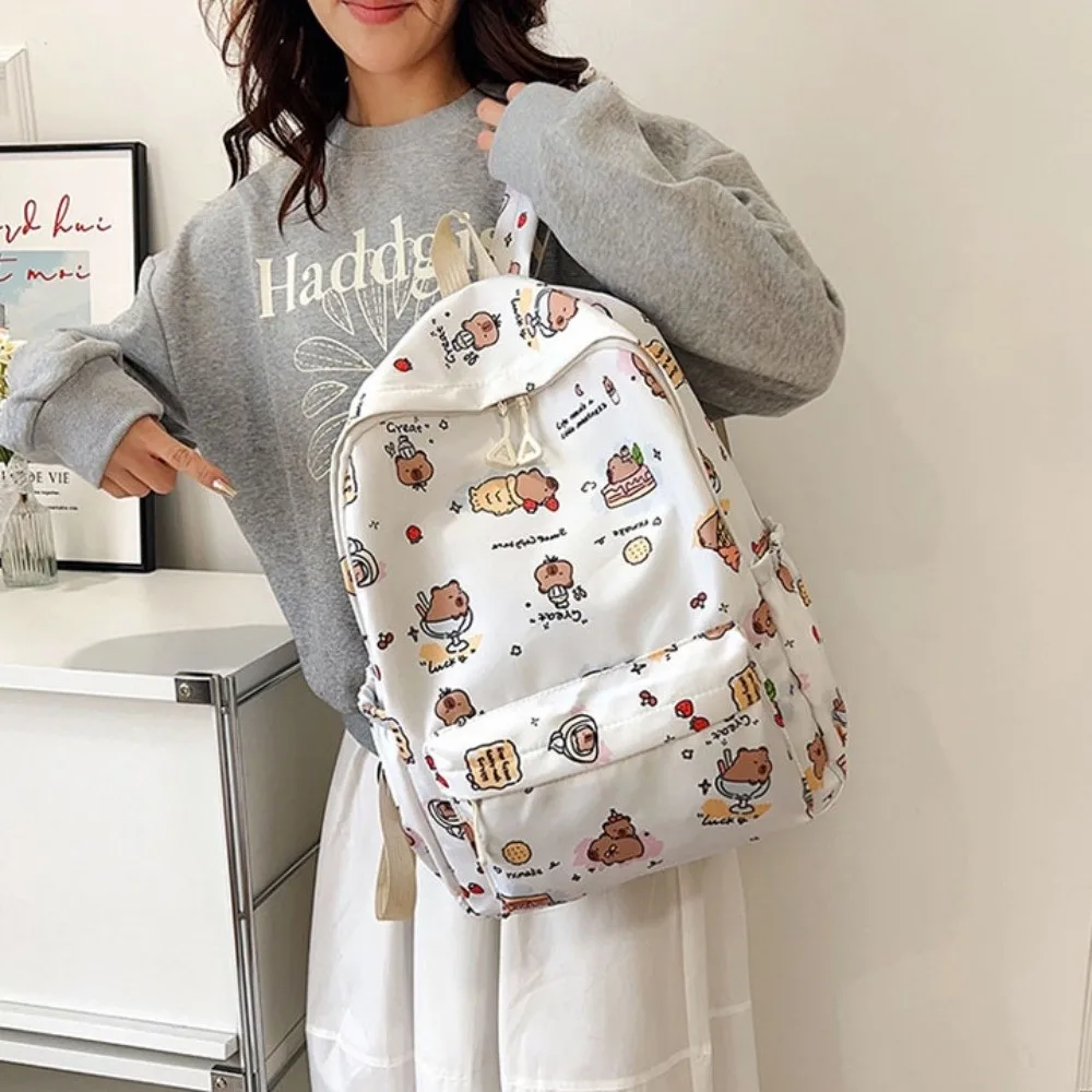 Nylon Capybara Backpack Wide Straps Multi Functional Cartoon Animal Daypack Lightweight Korean Style Large Capacity School Bag