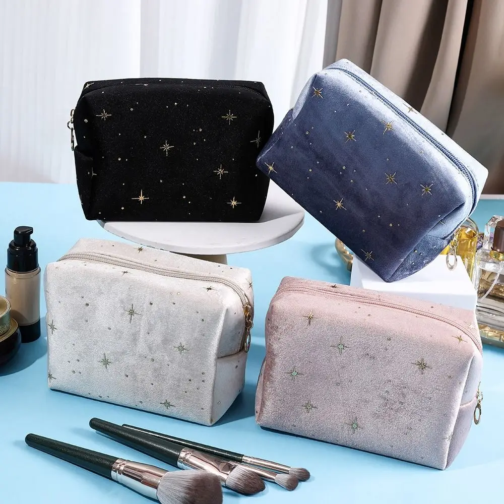 High Quality Portable Cosmetic Bag Soft Velvet Hot stamping star pattern Make Up Storage Bag with Zipper Women Toiletry Bag