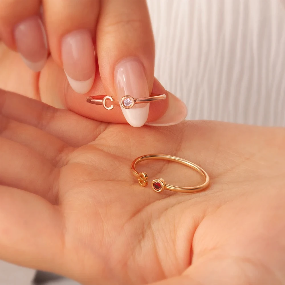 Haiyufly Personalized Custom Letter Ring for Women Stainless Steel Initial Tiny Birthstone Ring Adjustable Birthday Jewelry Gift