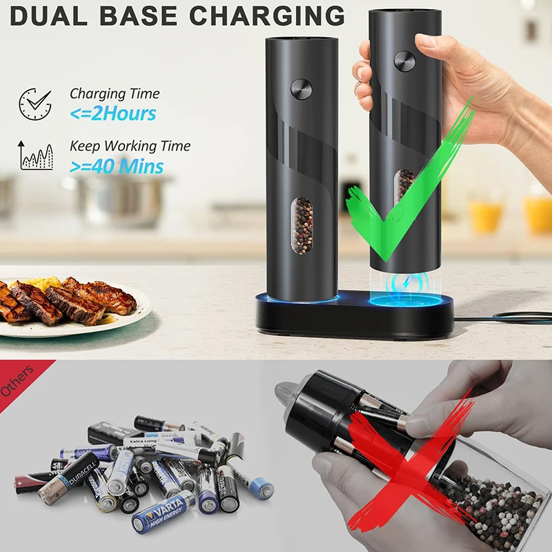 Stainless Steel Electric Salt and Pepper Grinder Set with USB C Dual Charging Base, Rechargeable