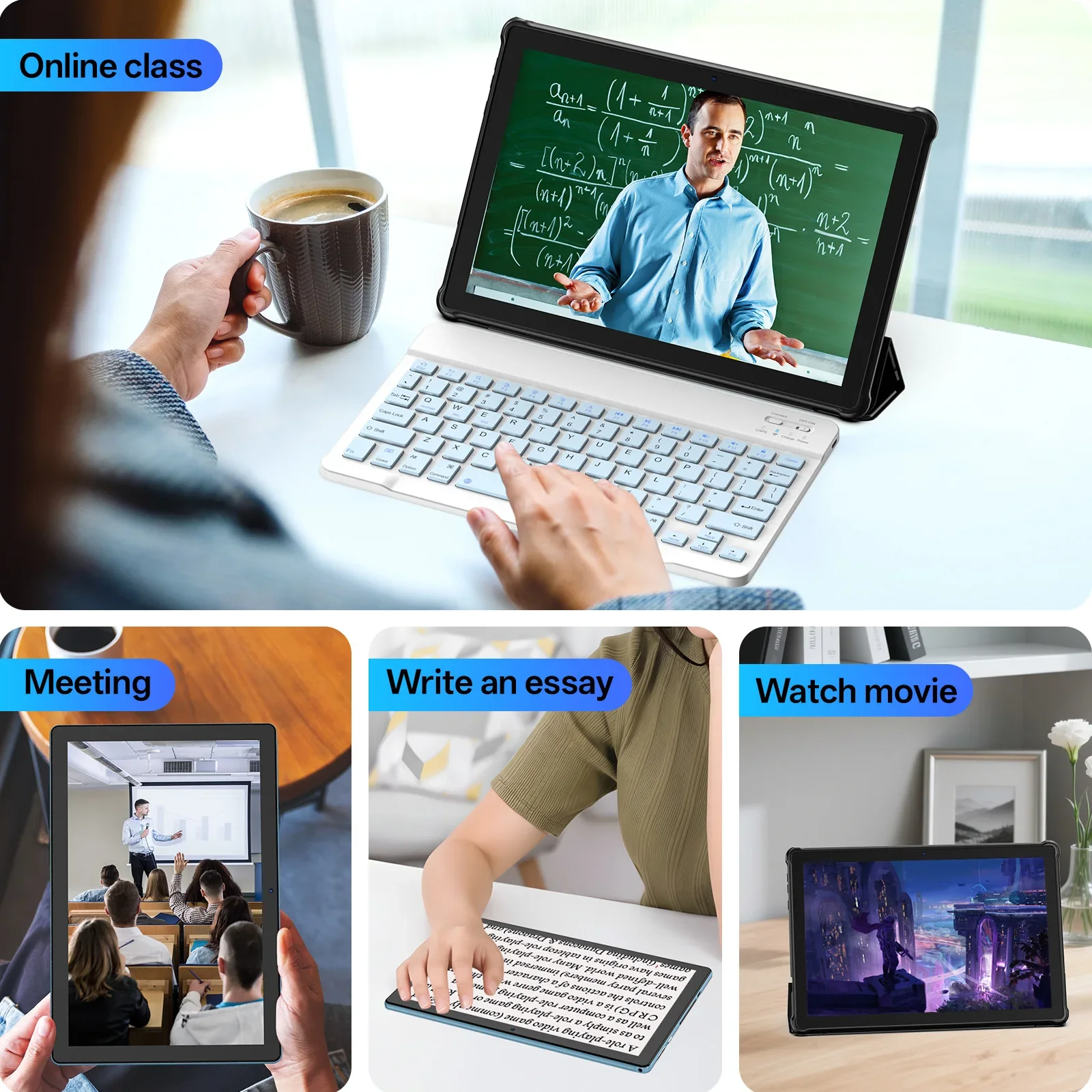 Tablet PC de 10 polegadas, sistema Android 15, processador quad-core, 12 (3+9) GB + 64 GB de armazenamento, expansível até 1 TB, suporta WiFi 6,