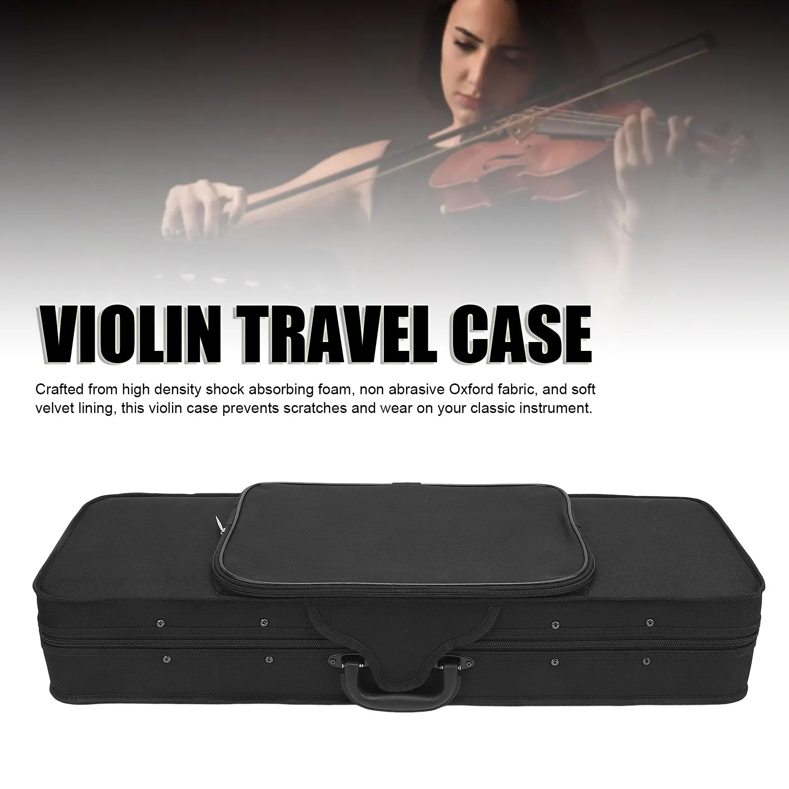 1/2 Violin Carrying Bag 1/2 Violin Travel Case Velvet Lining Multi Pockets Violin Carrying Bag with Adjustable Strap Black