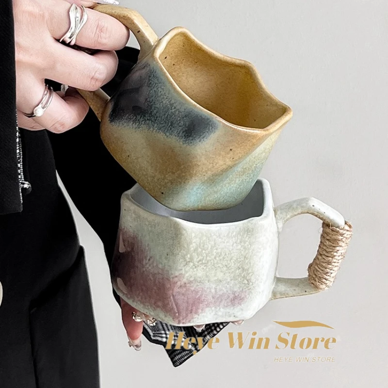 Retro Kiln Turned Irregular Mug Design Hand Kneaded Rough Ceramic Creativity High Aesthetic Office Coffee Cup Household Glass