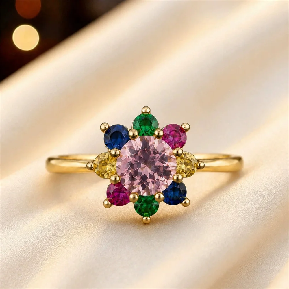 Rainbow Crystal Black Zircon Sun Flower Rings For Women Vintage Black Gold Silver Color Wedding Bands Engagement Promise Jewelry