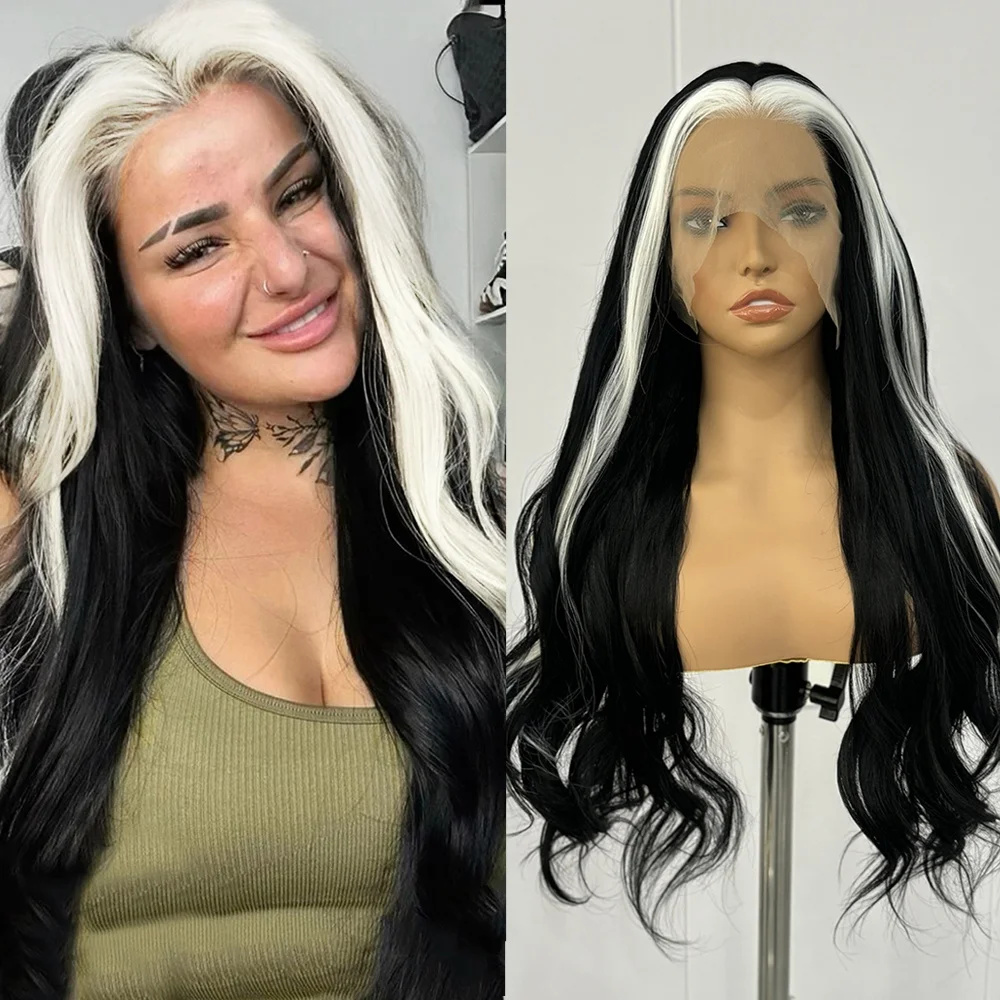 Highlights Black Wavy Wig Synthetic Lace Front Wigs For Women White Wig Lace Hair Ready To Wear Long Deep Wave Wig Cosplay Party